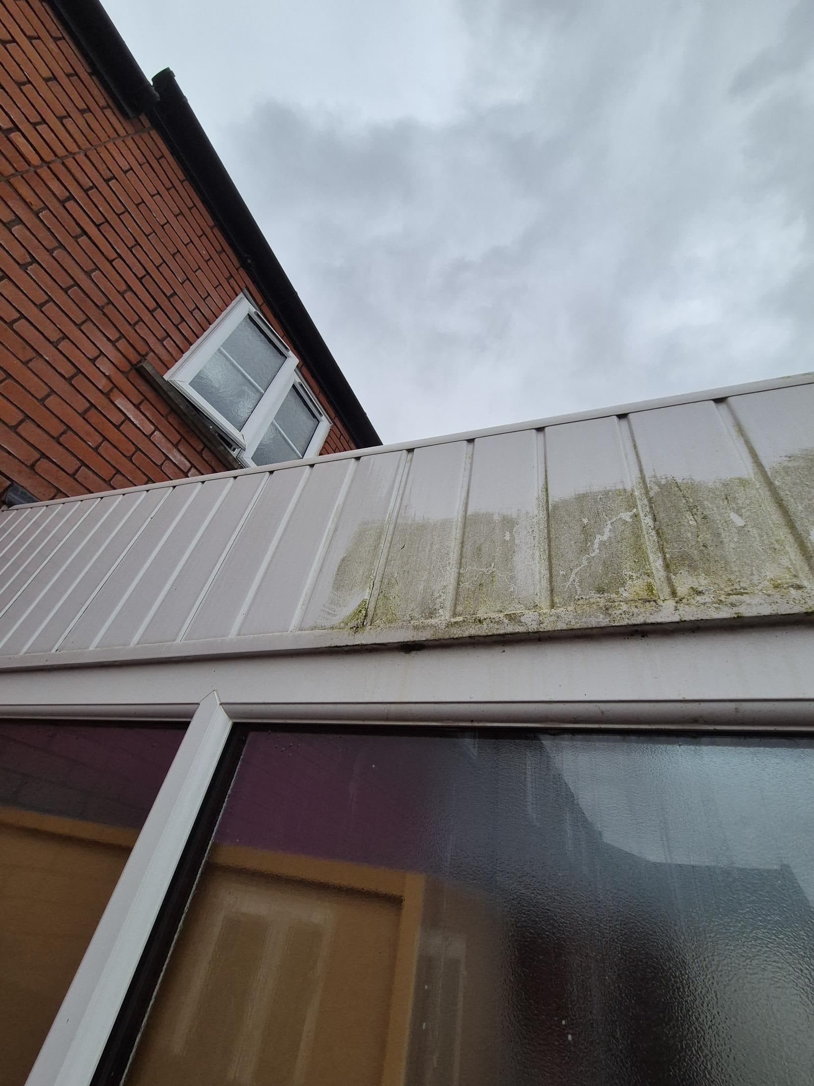 Conservatory roof panels half cleaned, showing green algae removed